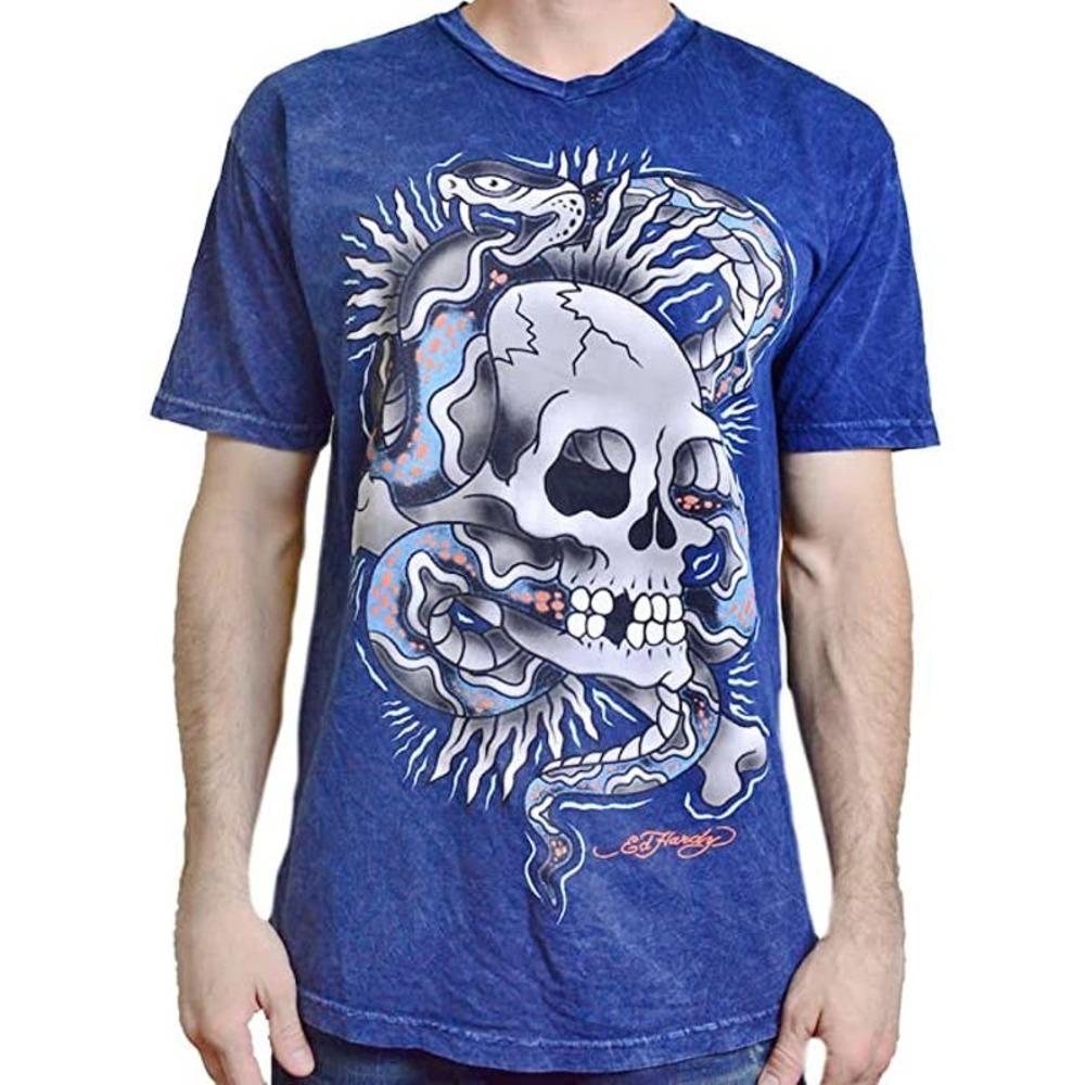 ED HARDY MENS V NECK SNAKE SKULL NAVY MINERAL T SHIRT SZ M